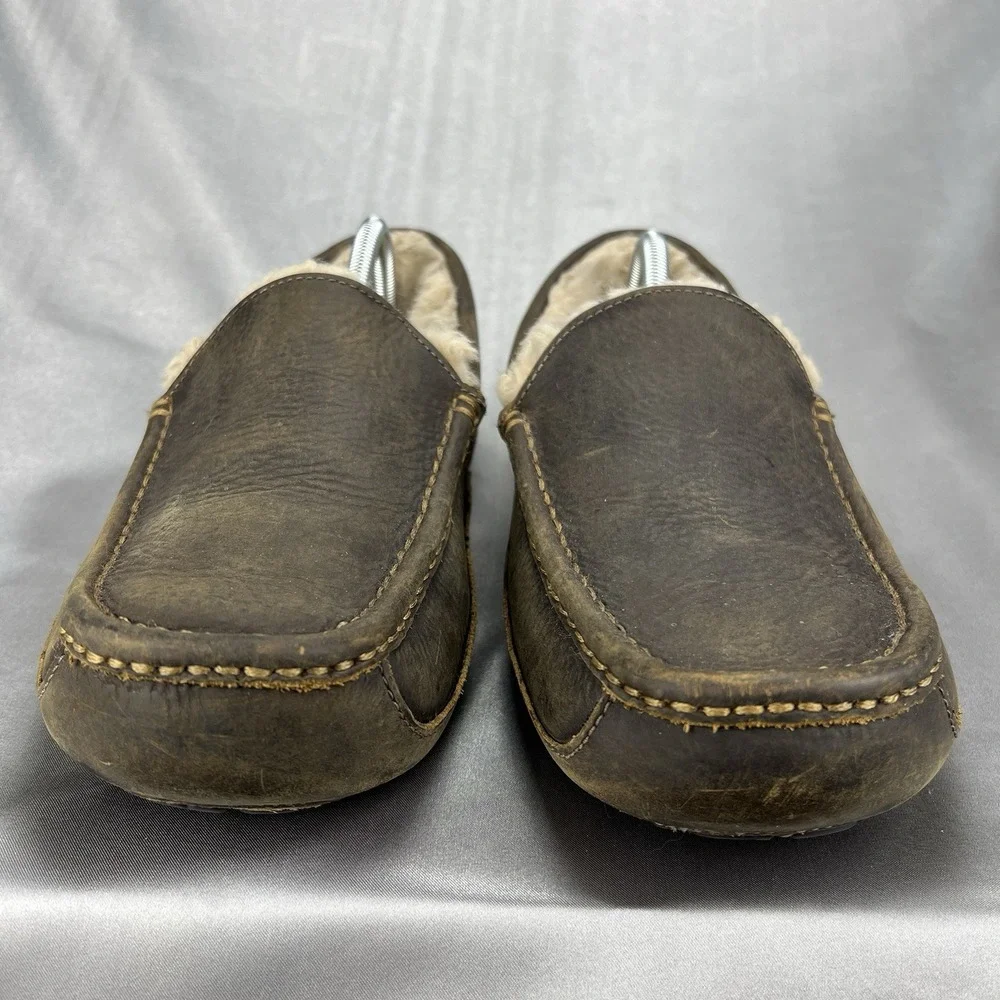 UGG Ascot Leather Wool Slippers Loafers Men's 12 Dark Brown‎ Driving S/N 1103889